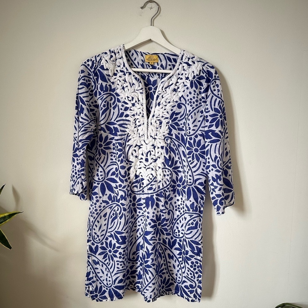 Roberta Roller Rabbit Embroidered Tunic Blue White Boho Resort Top S